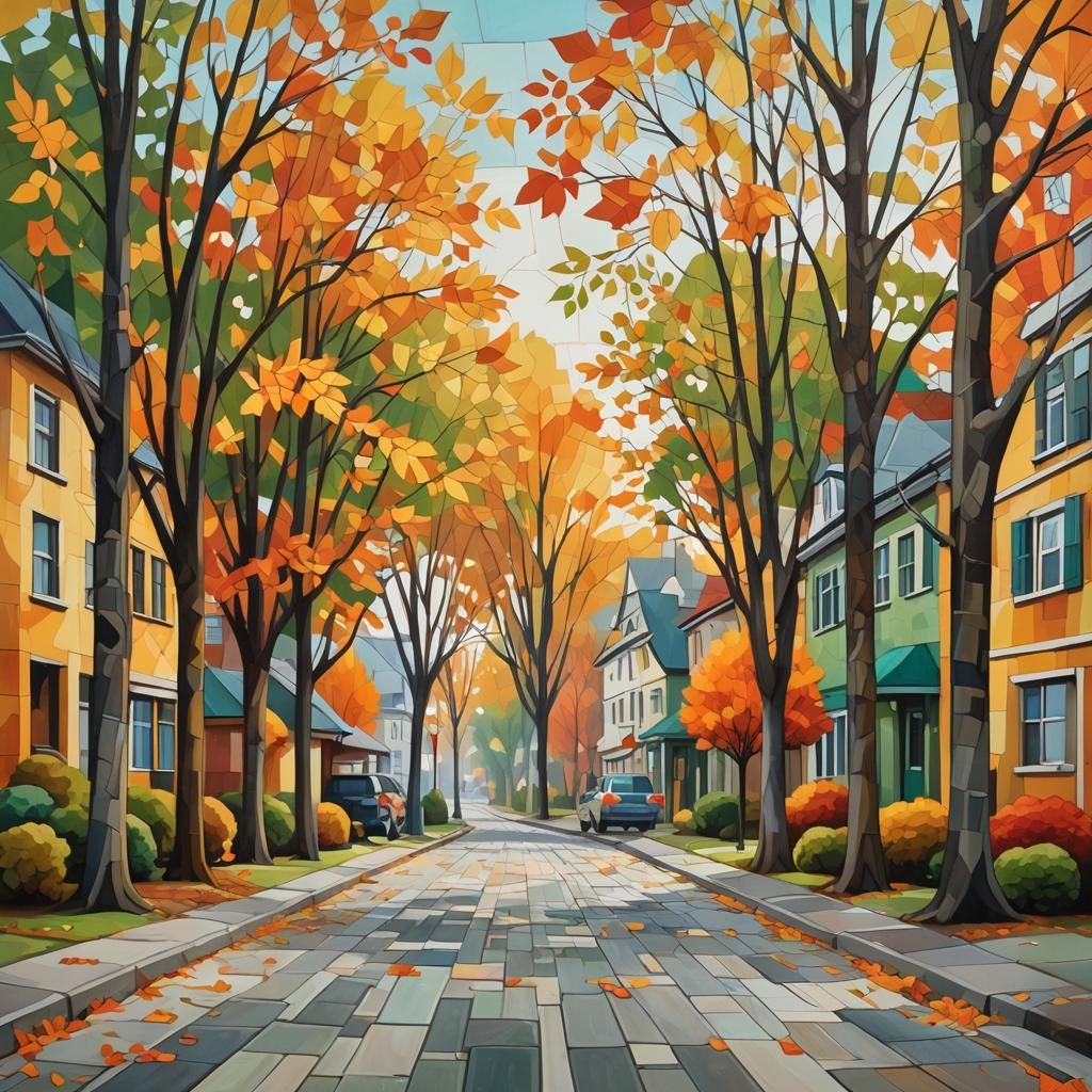 Realistic Autumn Street Scene in Cubist Style
