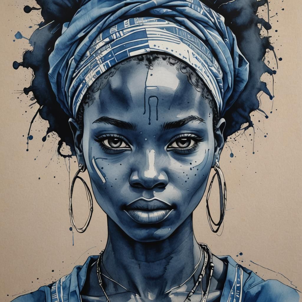 Blue fine linear ink african girl portrait painting