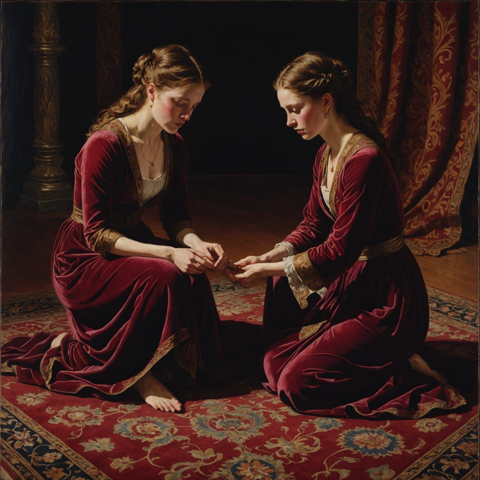 Elegant Women Kneeling in Candlelight, Painterly Style