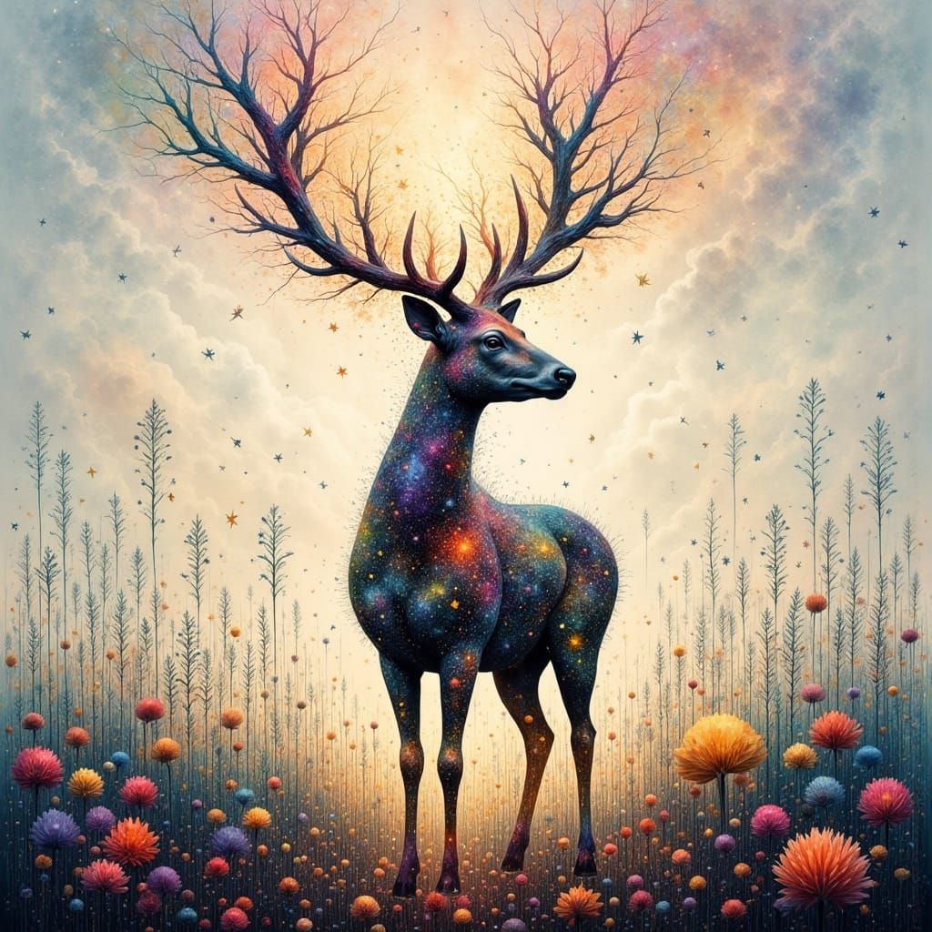 Stardust Deer in Ethereal Landscape, Gouache Style