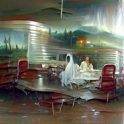 Ghosts in Abandoned Diner: Oil Painting