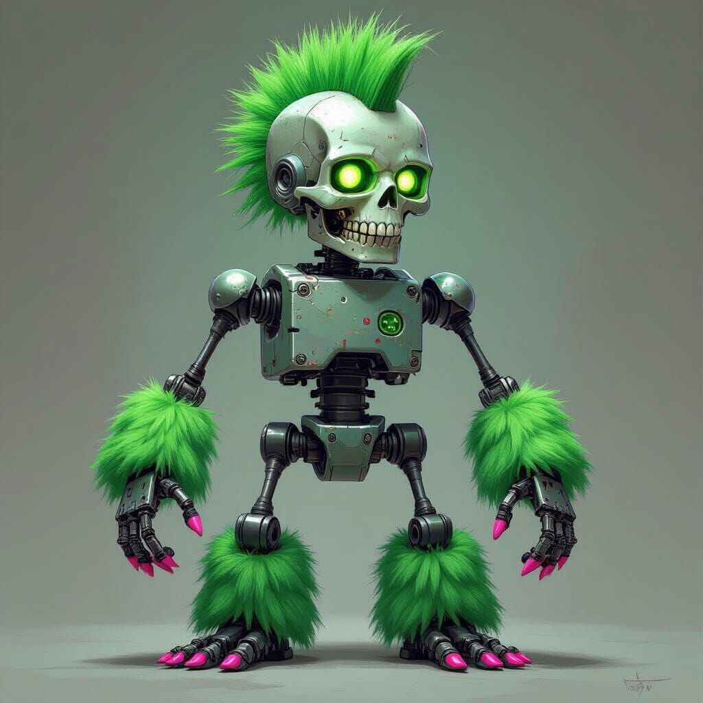 Robotic Skeleton with Green Mohawk and Pink Toes