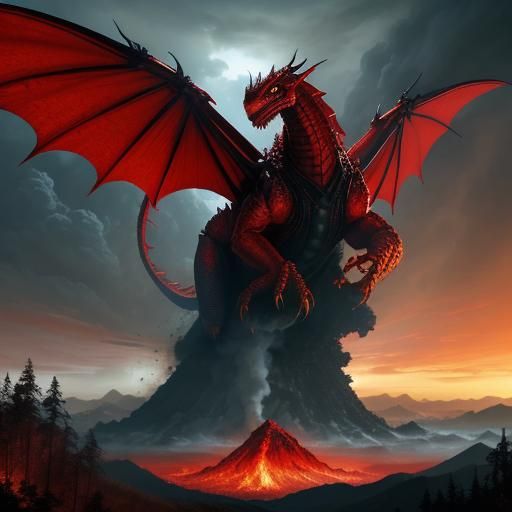Red Dragon Soars Above Forest with Fireball