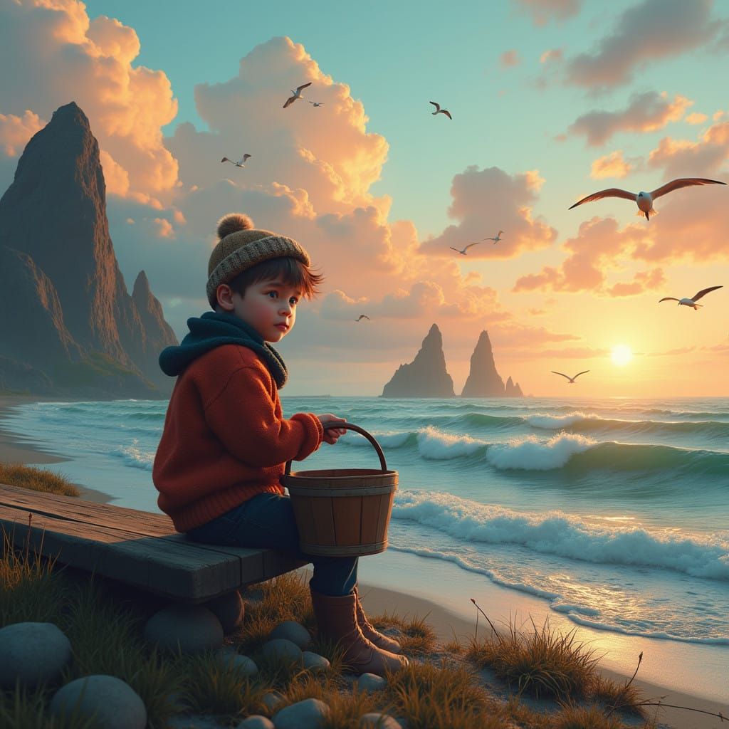 Young Boy Seated on Driftwood Bench in Breathtaking Seascape...