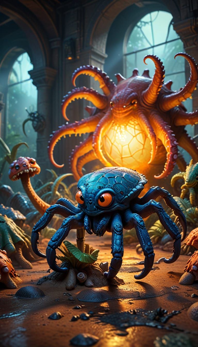 Surreal Spider-Octopi Ride Dinosaurs in Vibrant Hyperrealist...