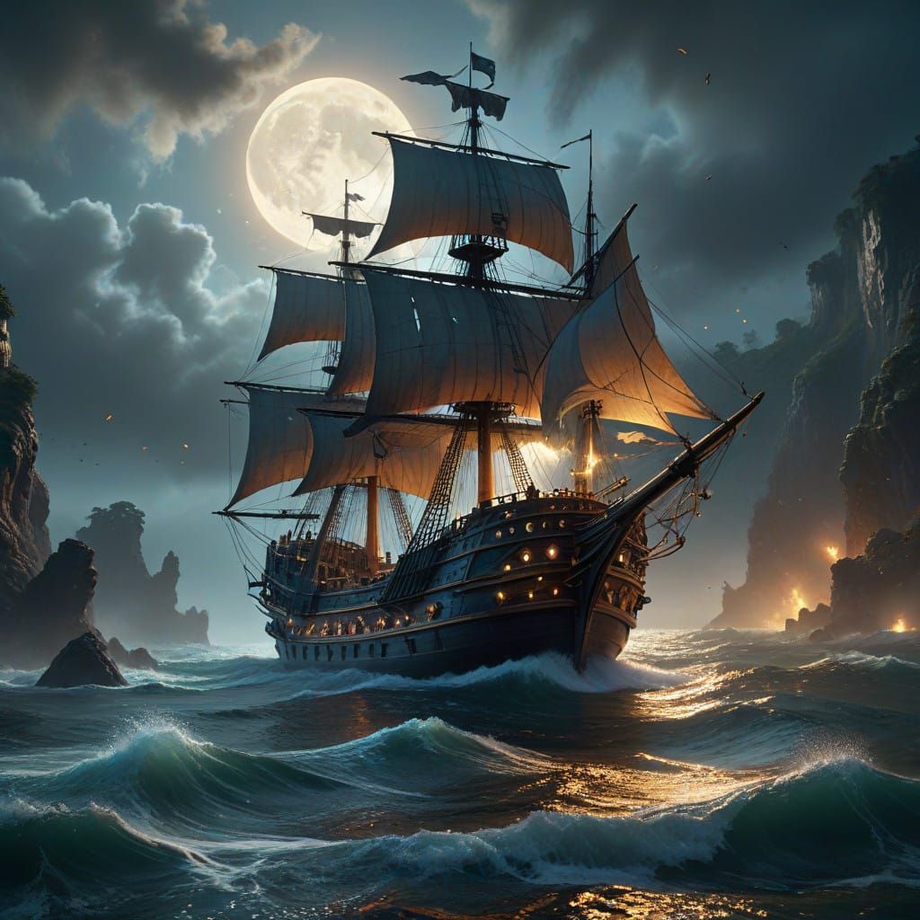 Cinematic Pirate Ship Under Crescent Moonlight in Pointillis...