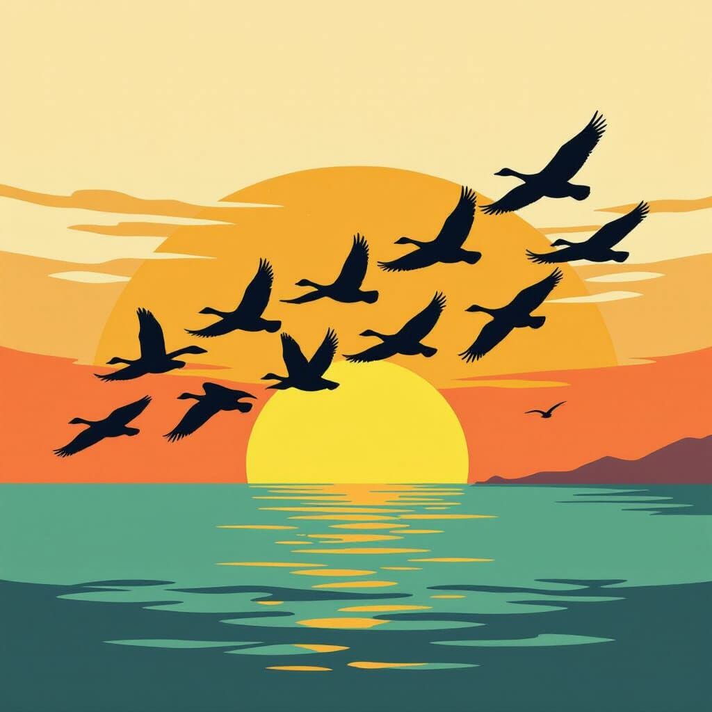 Geese in Flight: Minimalist Woodcut at Sunset