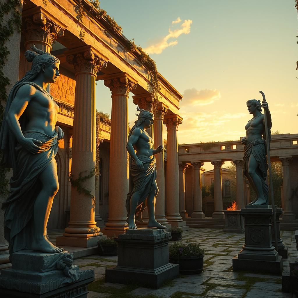 Greek Statues Dance at Sunset: Fantasy Art