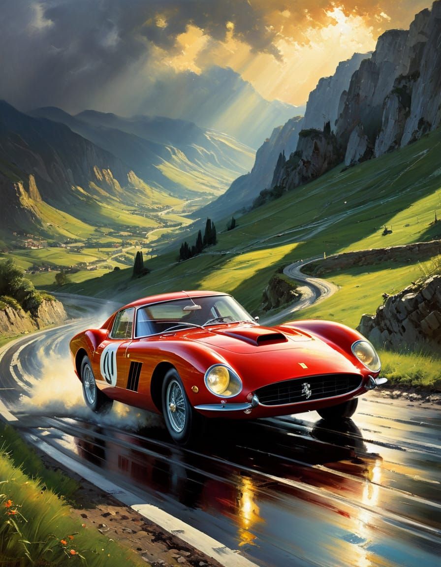 Ferrari Speeds Down Italian Mountain Pass in Golden Hour