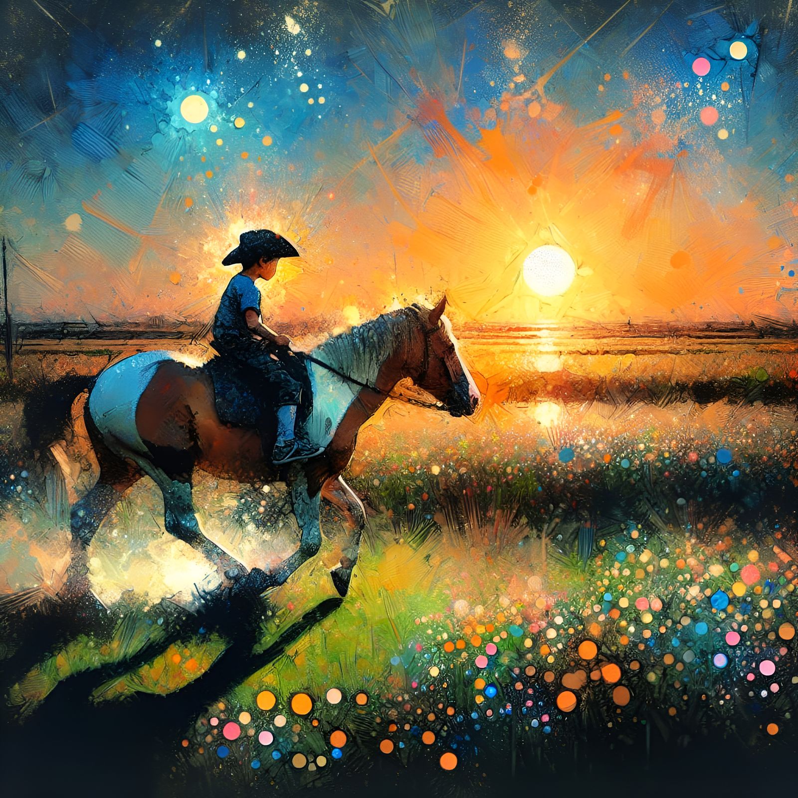 Boy on Pinto Horse in Meadow, Vermeer Style