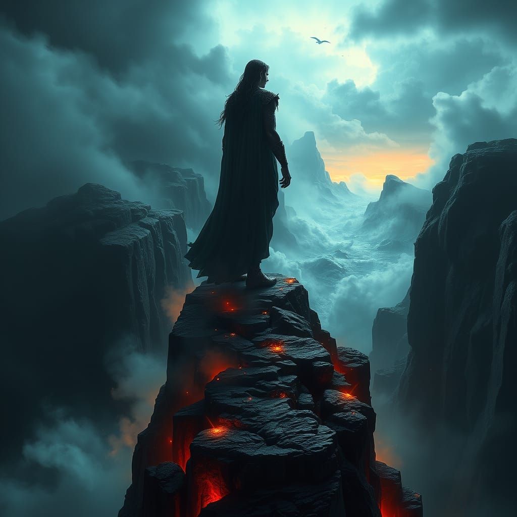 Powerful Figure Stands at Cliffside Edge, Overlooking Turbul...