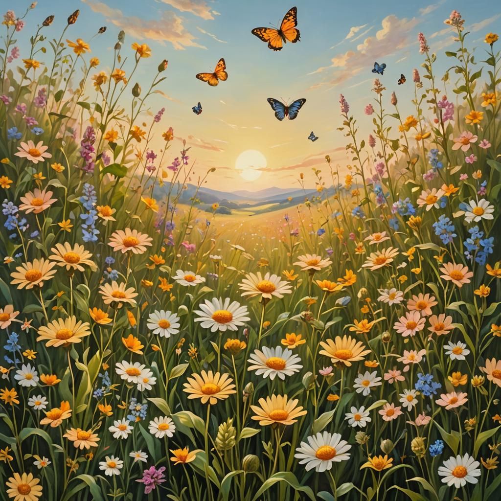 Enchanting Wildflower Field at Sunrise: A Vintage Oil Painti...