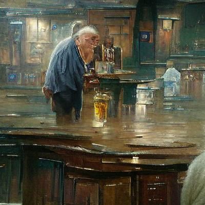 Sorrowful Old Man at Bar, in Oil Painting Style