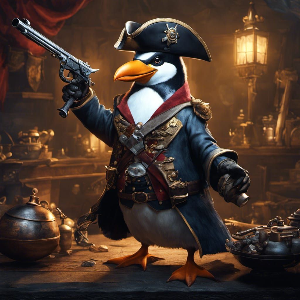 Pirate Penguin with Flintlock Pistol, Dark Fantasy Art
