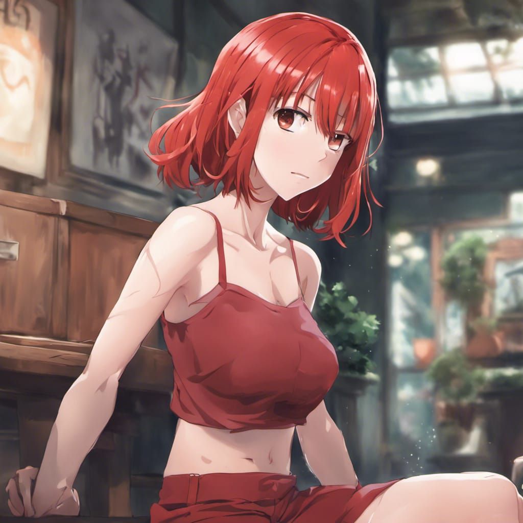 Anime Girl with Red Hair in Manga Style