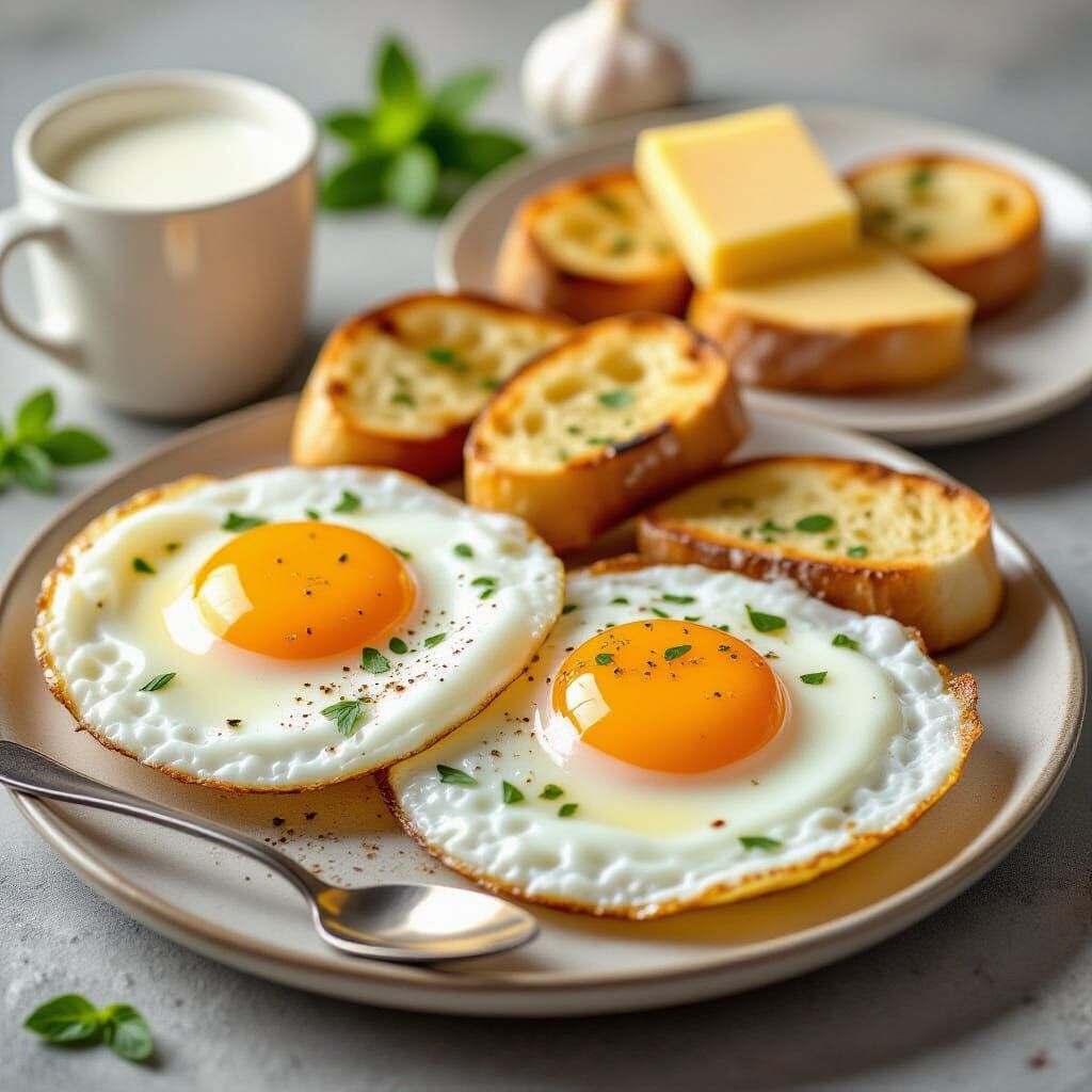 Delicious Fried Eggs and Garlic Bread Breakfast