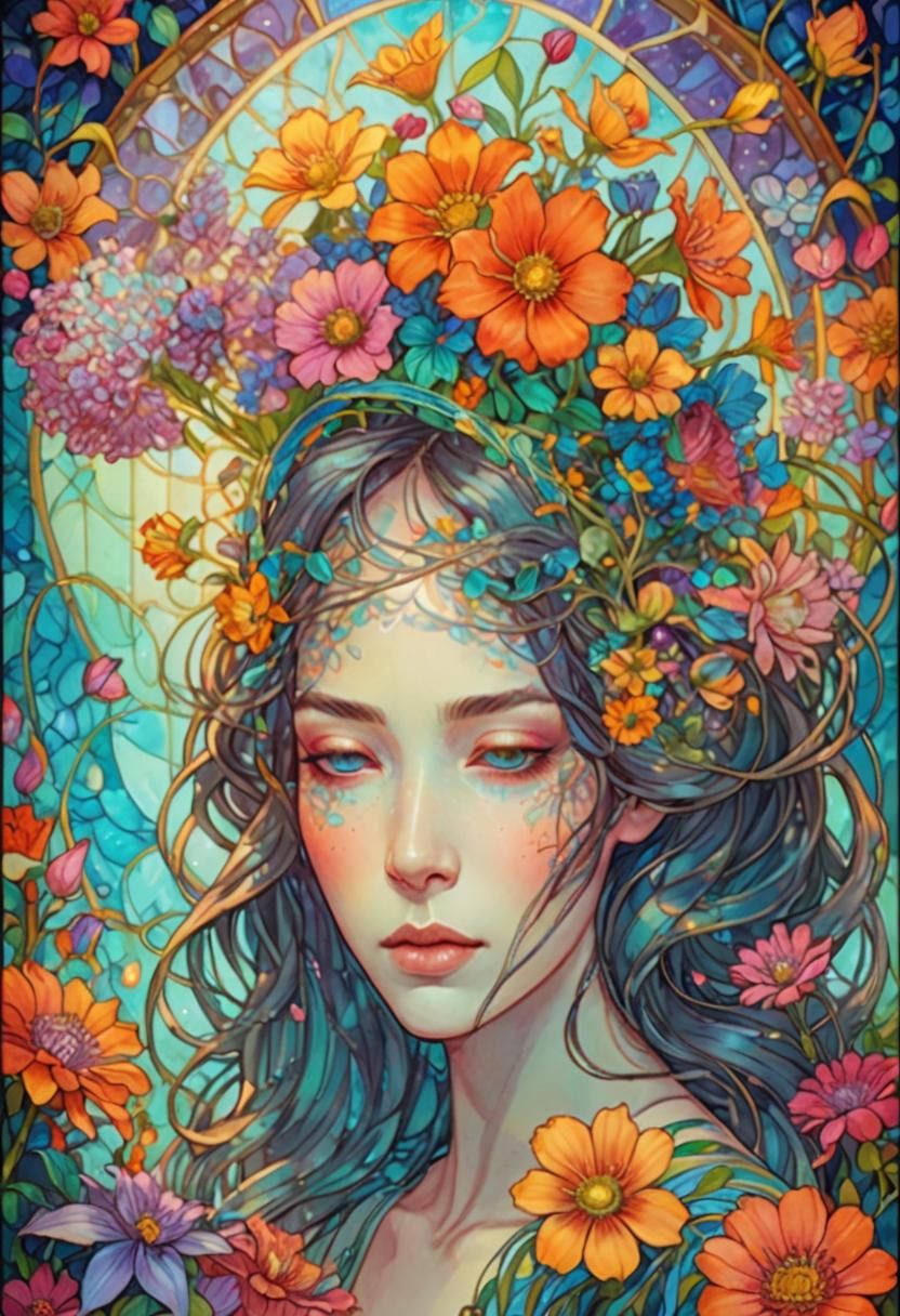 Ethereal Woman Surrounded by Flowers: Art Nouveau Portrait