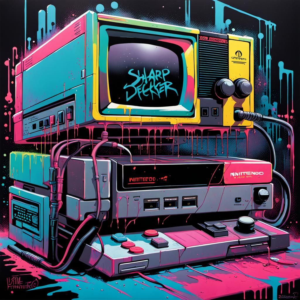 Cyberpunk Nintendo Graffiti Art: Dystopian Decker