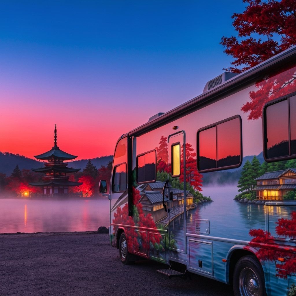 Luxurious RV at Japanese Lake Dawn