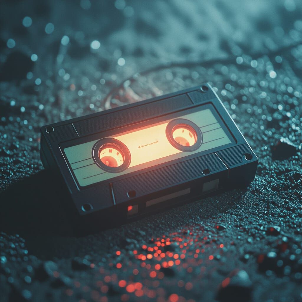 Eerie Glowing VHS Cassette in Retro Film Style
