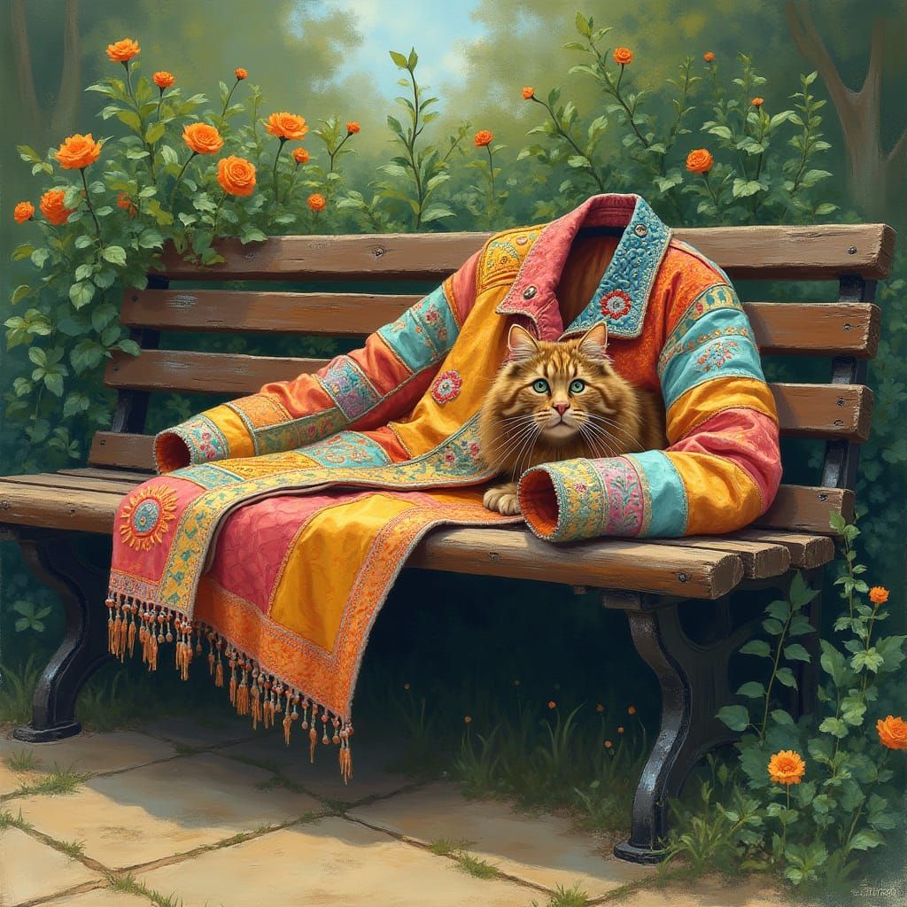 Whimsical Park Bench Scene with Embroidered Jacket and Curio...