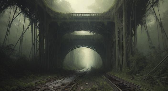 Overgrown Abandoned Bridge in Dark Forest