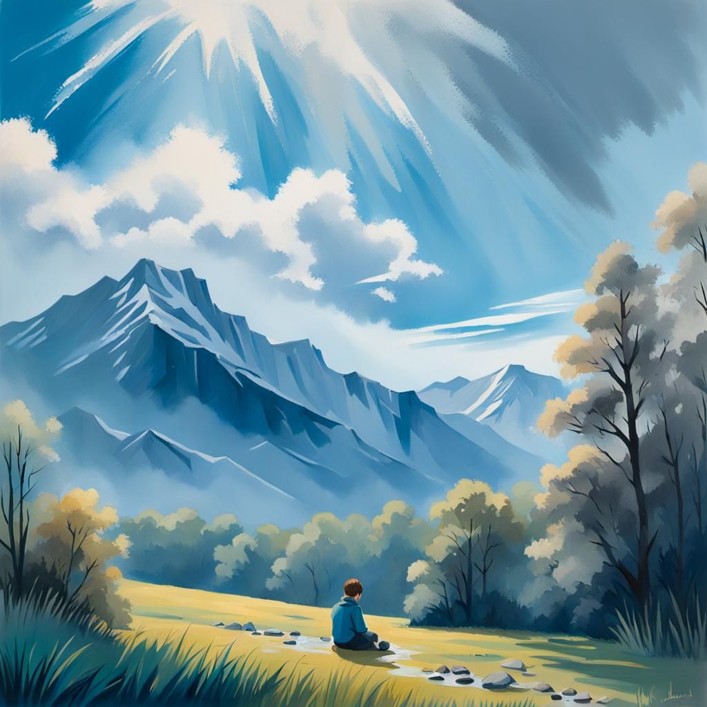 Impressionist Painting of a Boy Crying in a Field