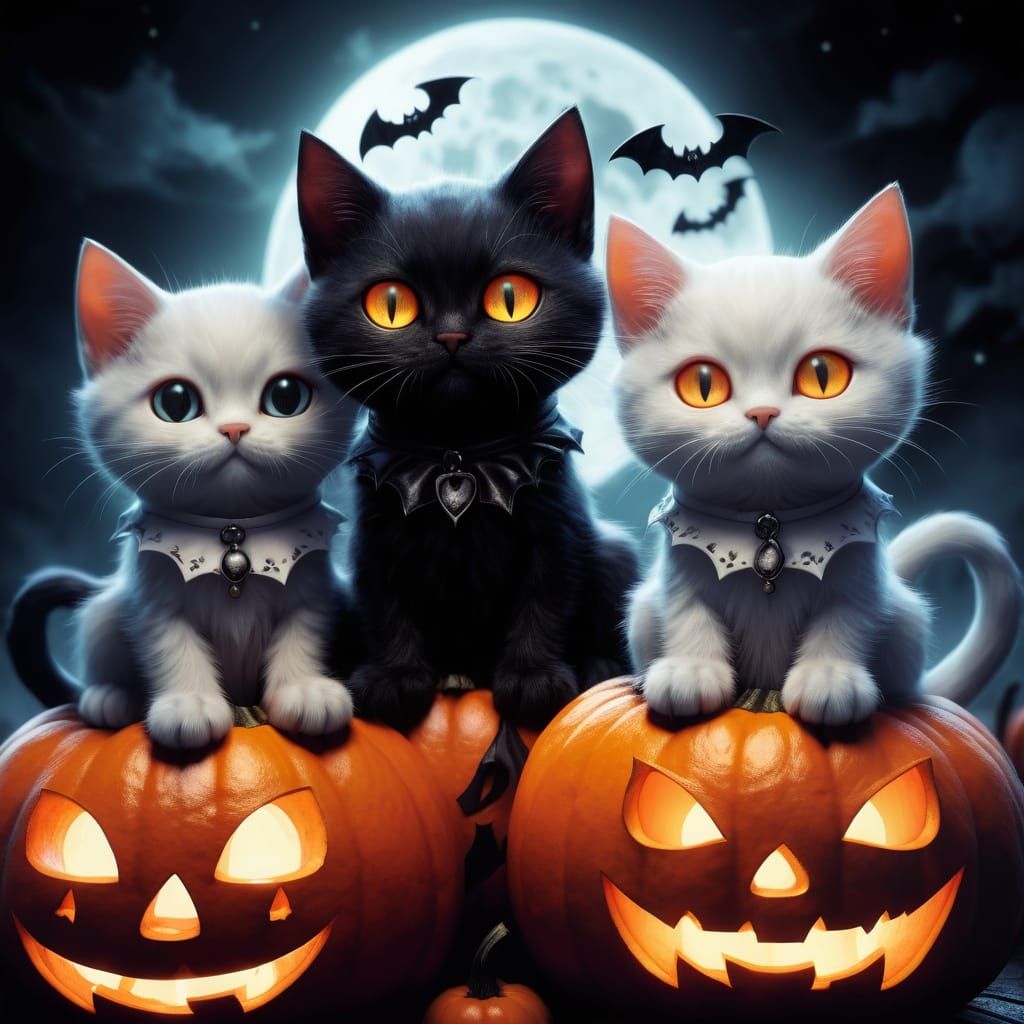 Cute Kittens in Halloween Costumes on Pumpkin