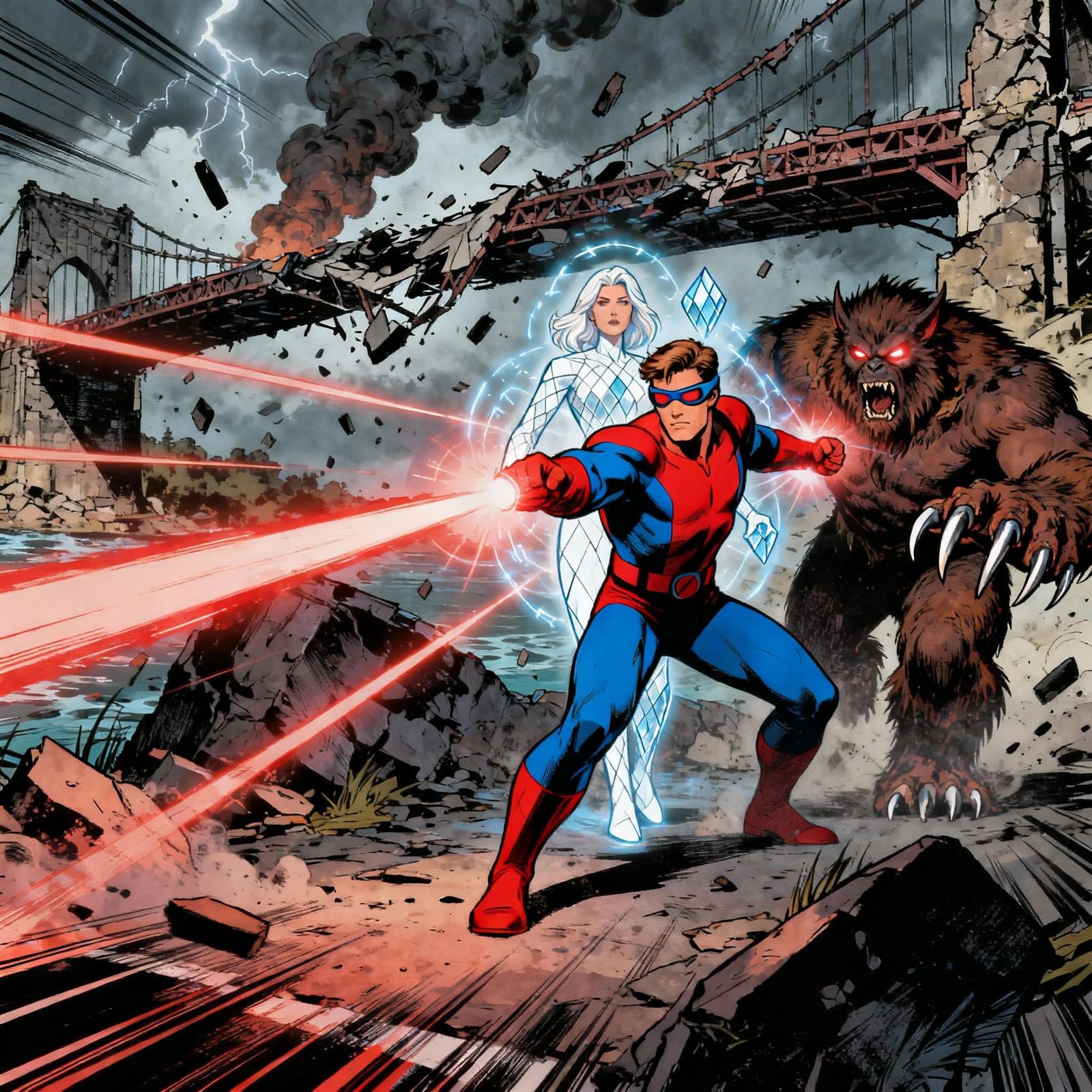 Cyclops Battles Wendigo on Bridge Protecting Emma Frost