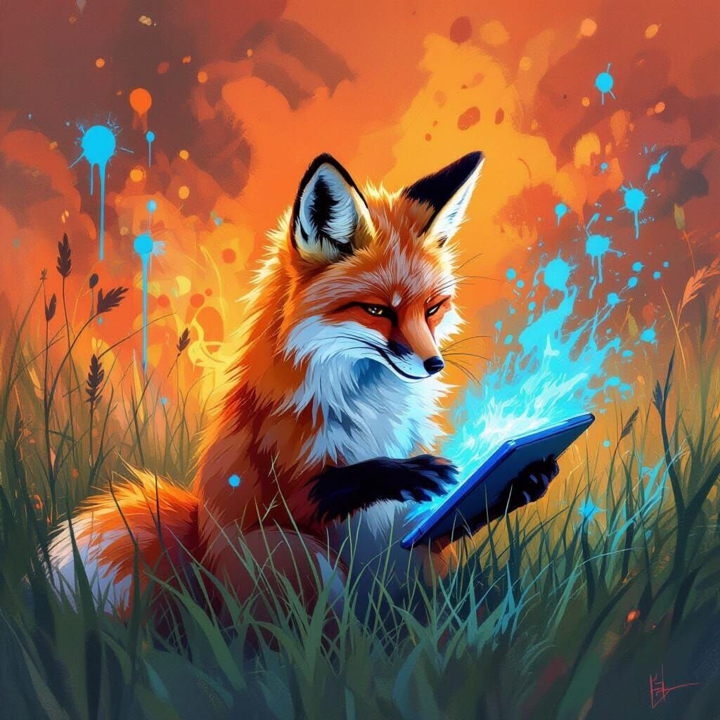 Whimsical Fox with Glowing Tablet in Meadow