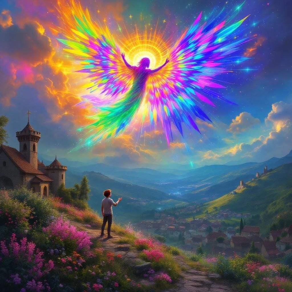 Kaleidoscopic Seraphim Visits Boy Near Village
