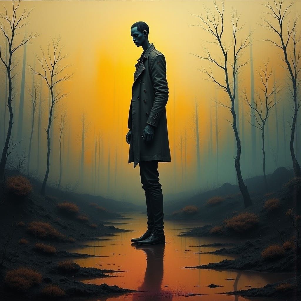 Eerie Figure in Dreamlike Landscape as Digital Art