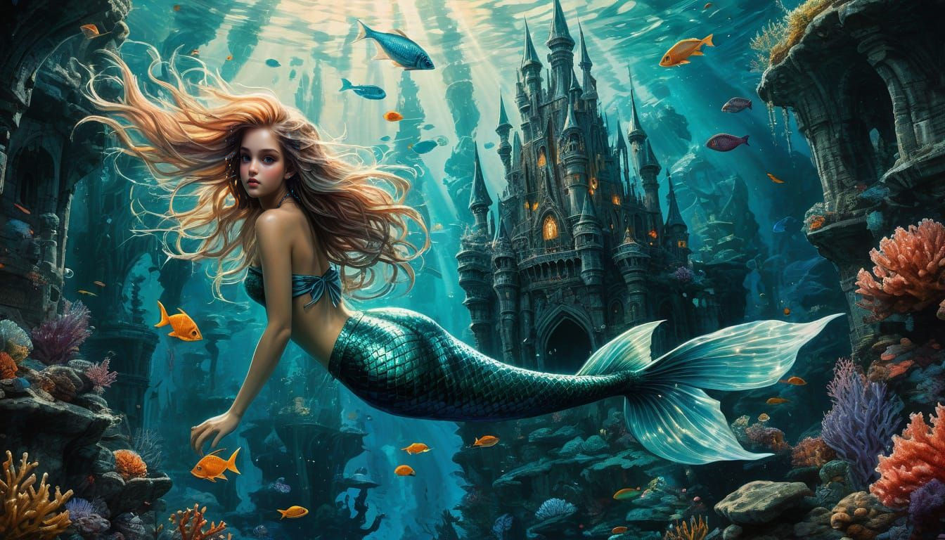 Whimsical Underwater Mermaid Scene in Fantasy Art