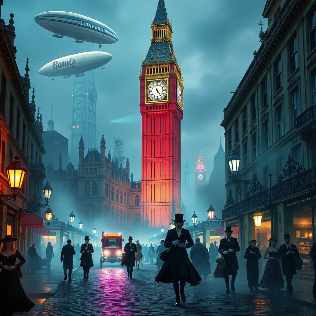 Futuristic Victorian London with Neon and Airships