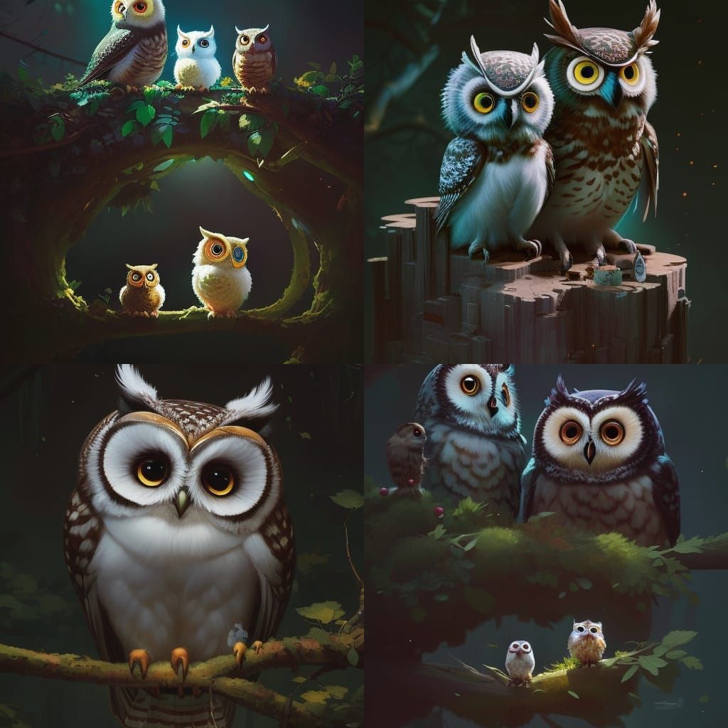 Cute Owl Family Portrait in Chibi Digital Art