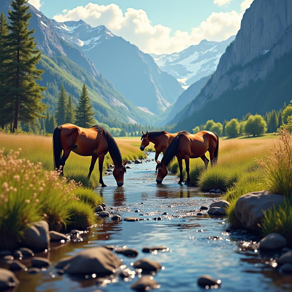 Wild Mustangs in Mountain Valley Stream