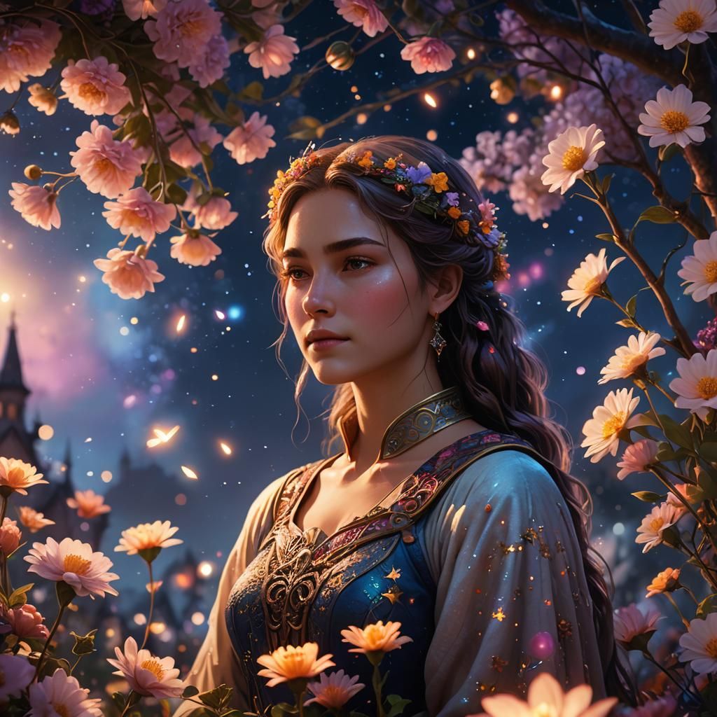 Woman Surrounded by Flowers Under Starlight
