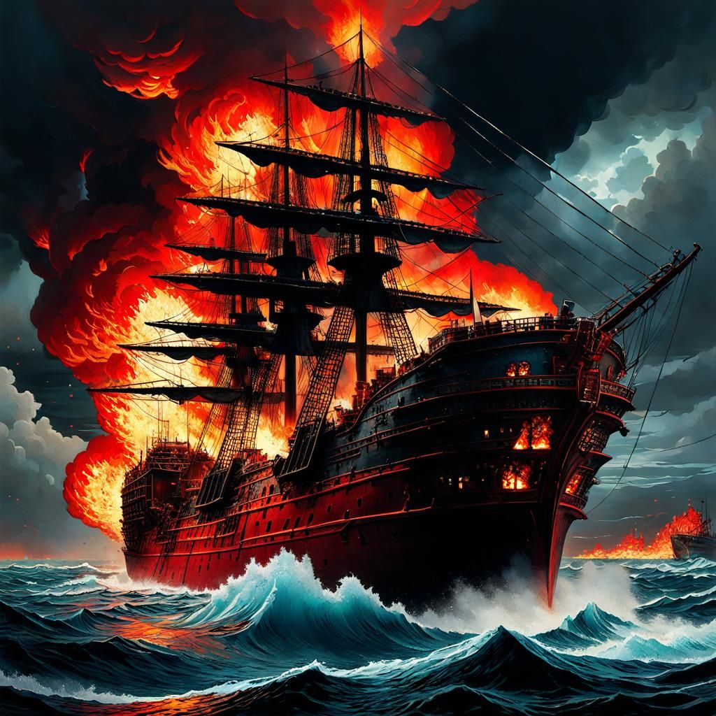 Exploding Ship in Burning Ocean: Selective Color Art