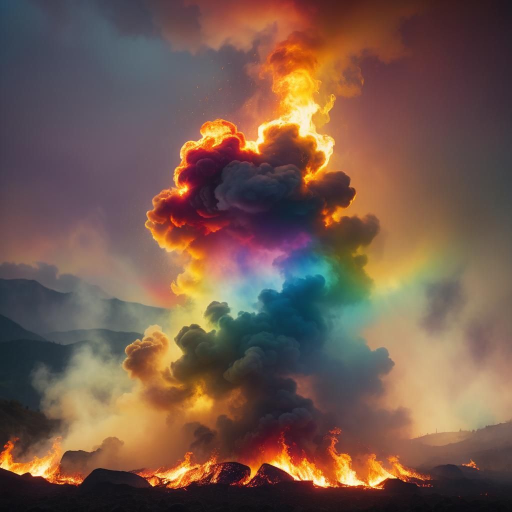 Cinematic Rainbow Behind Flames in Golden Hour Glow