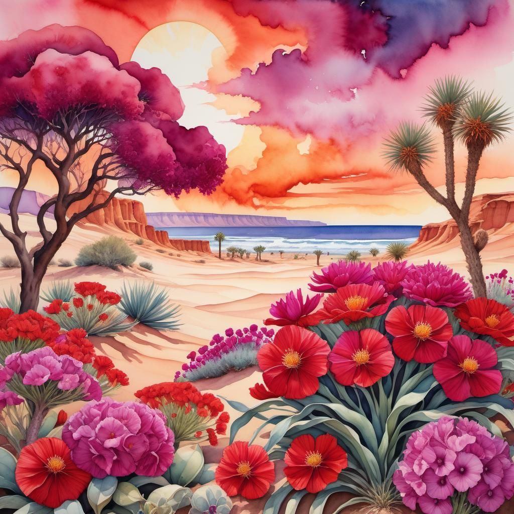 Surreal Watercolor: Flowers, Burning Circus, Tree Waves
