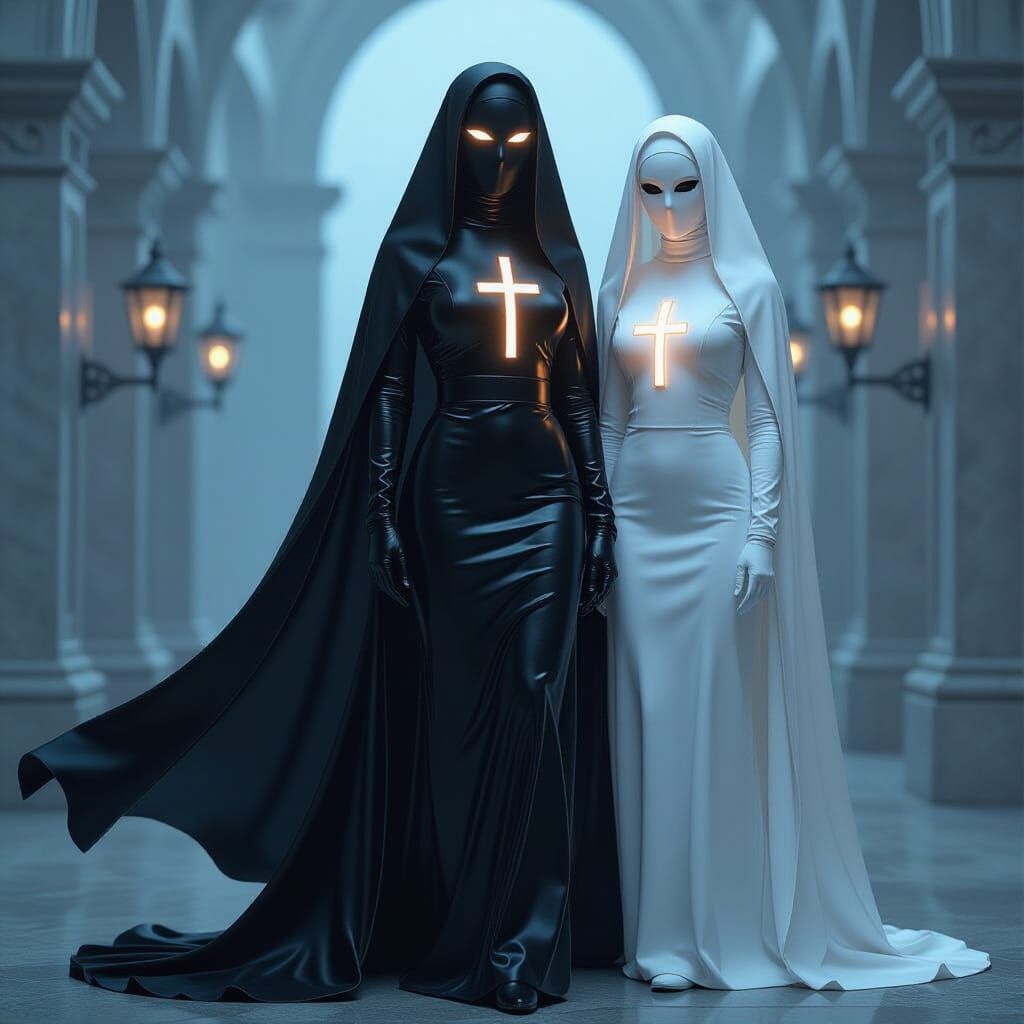 Black and White Latex Nuns with Glowing Crosses