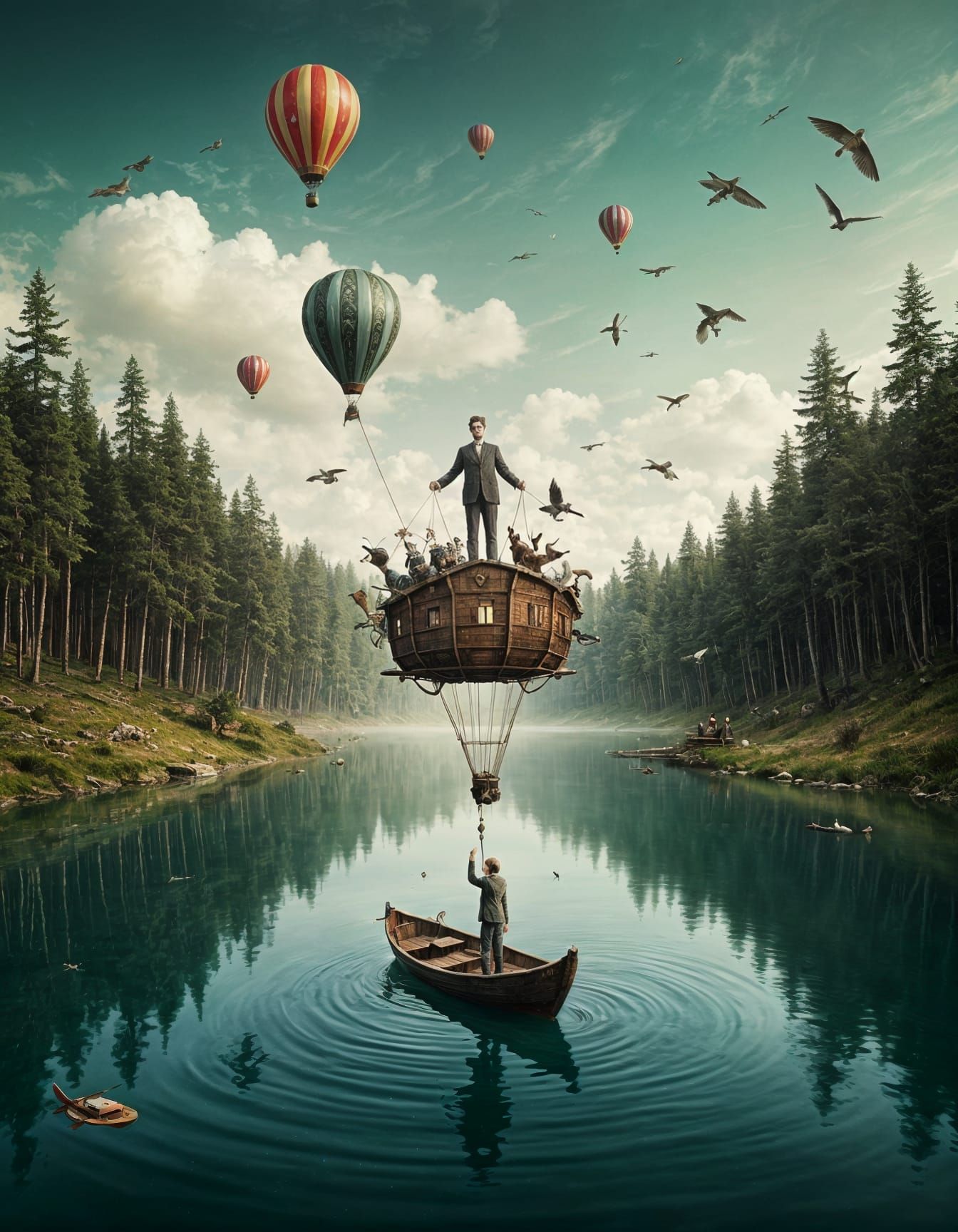 Surreal Lake Ascent in Whimsical Fantasy Art