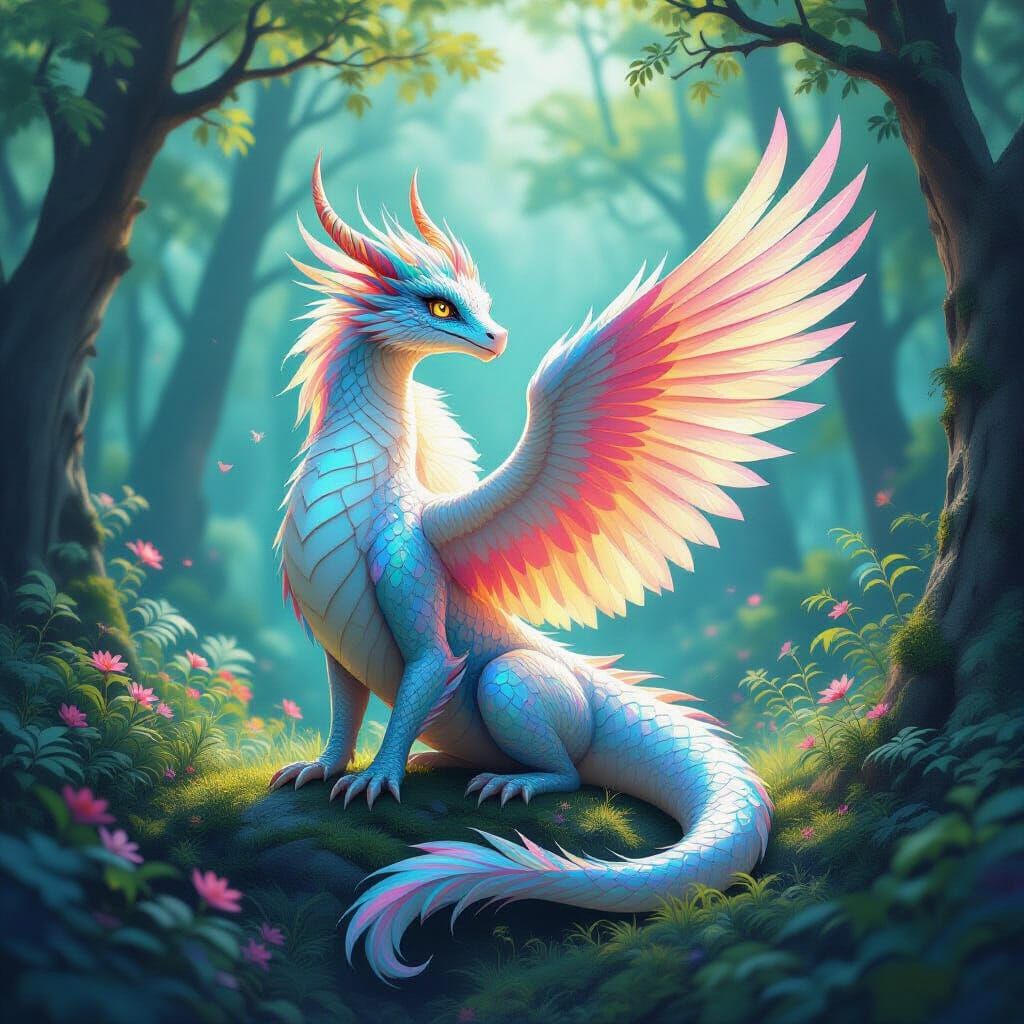 Magical Dragon-Phoenix Creatures in Dreamlike Forest