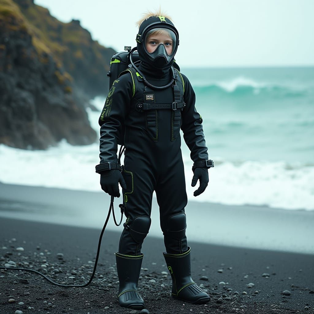 Teenage Explorer in Futuristic Dive Suit on Icelandic Beach