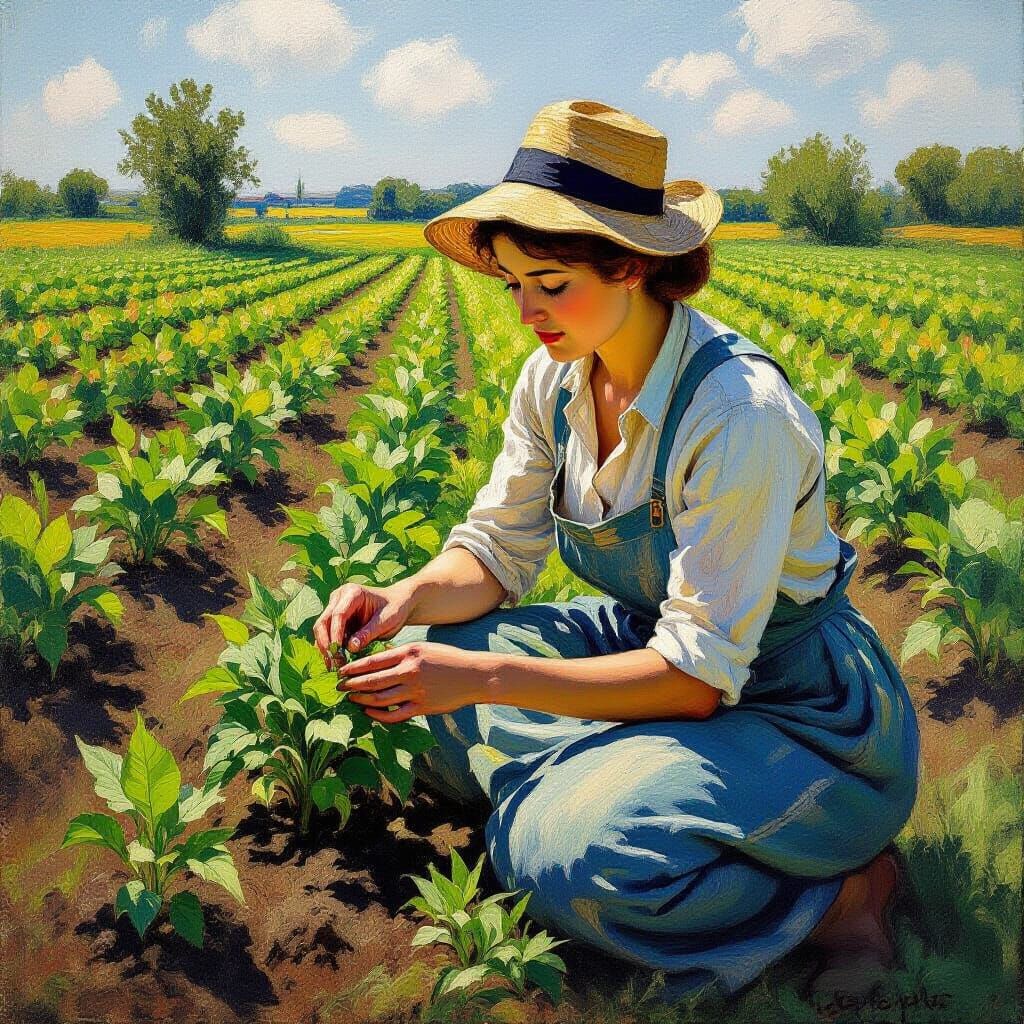 Woman Creating in Field: Impressionistic Art Style