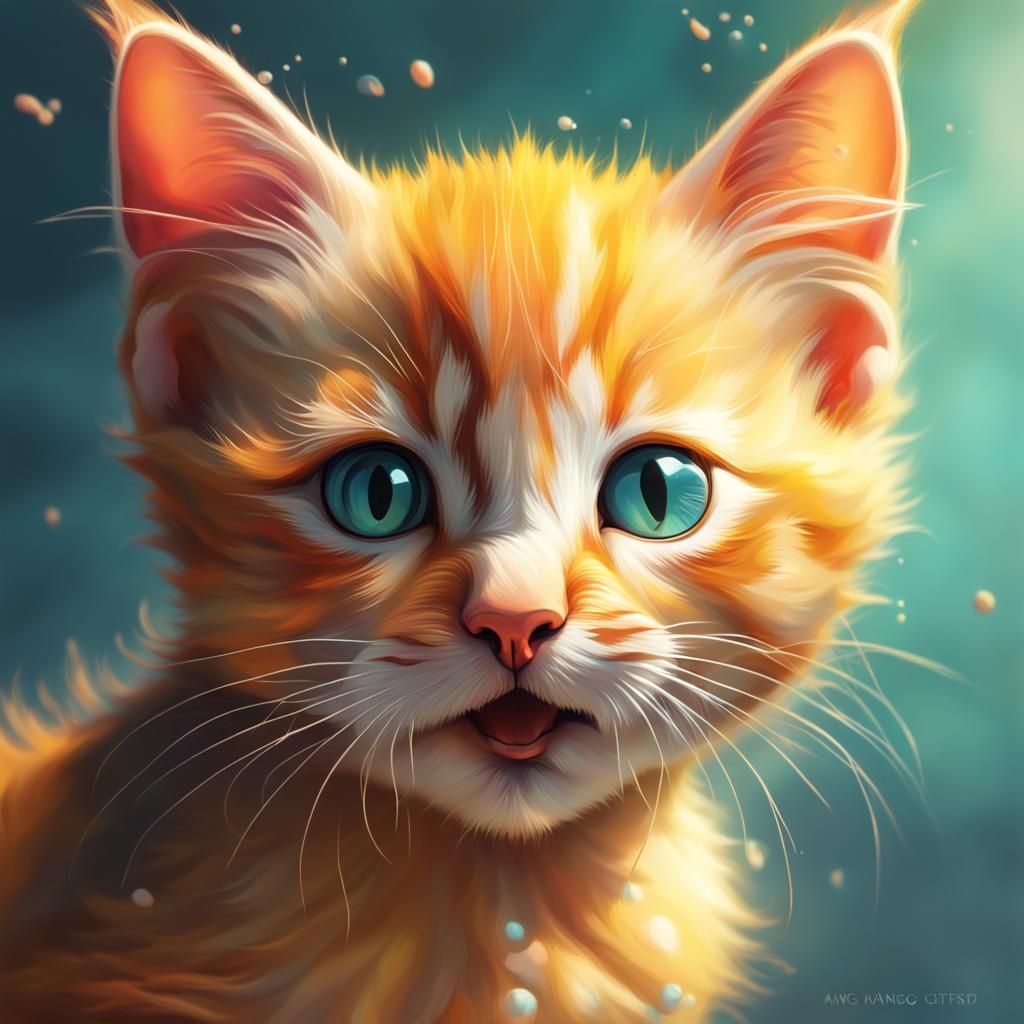 Hyperrealistic Mango Kitten Splash Art