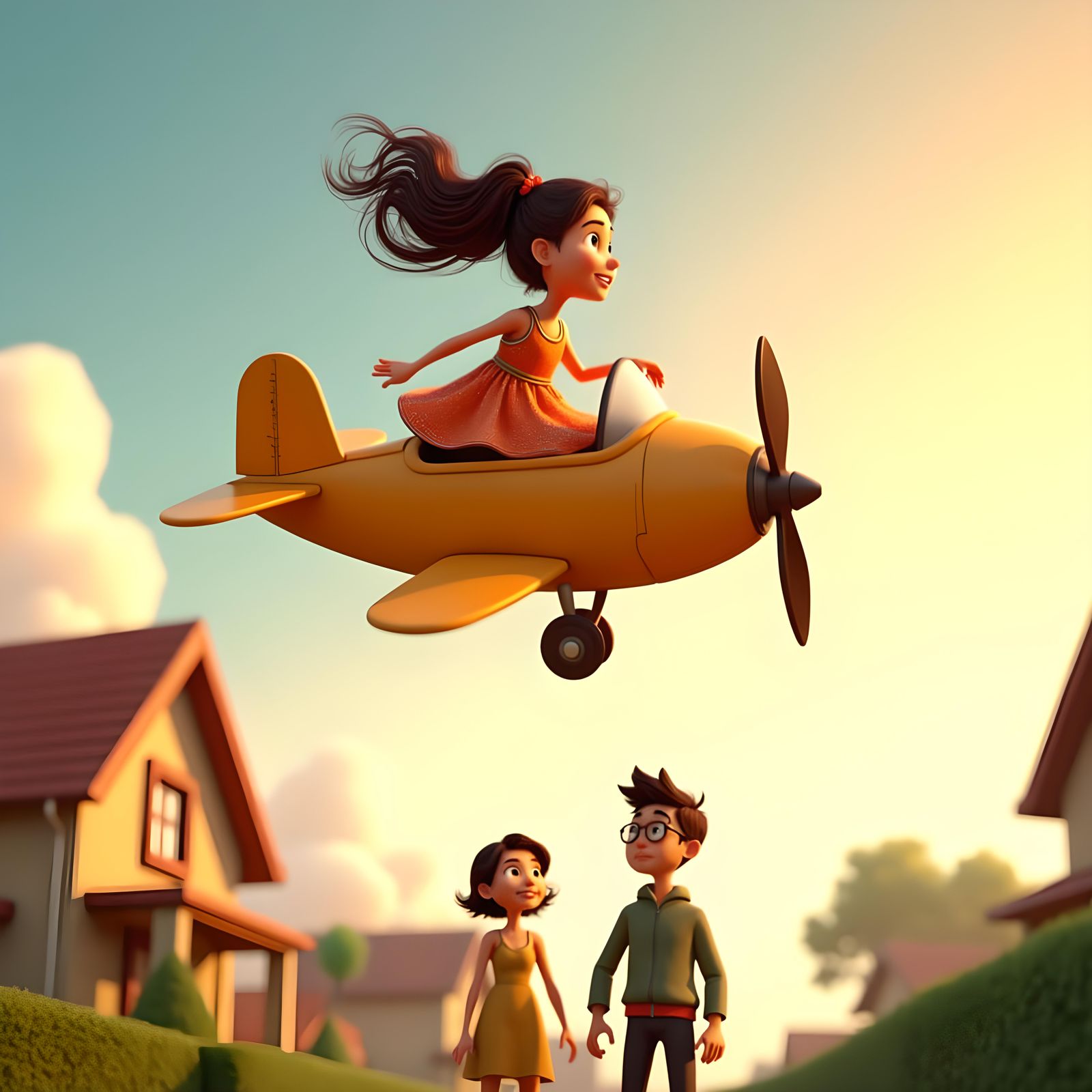 Girl Flies Airplane Over House: Pixar Style 3D Art
