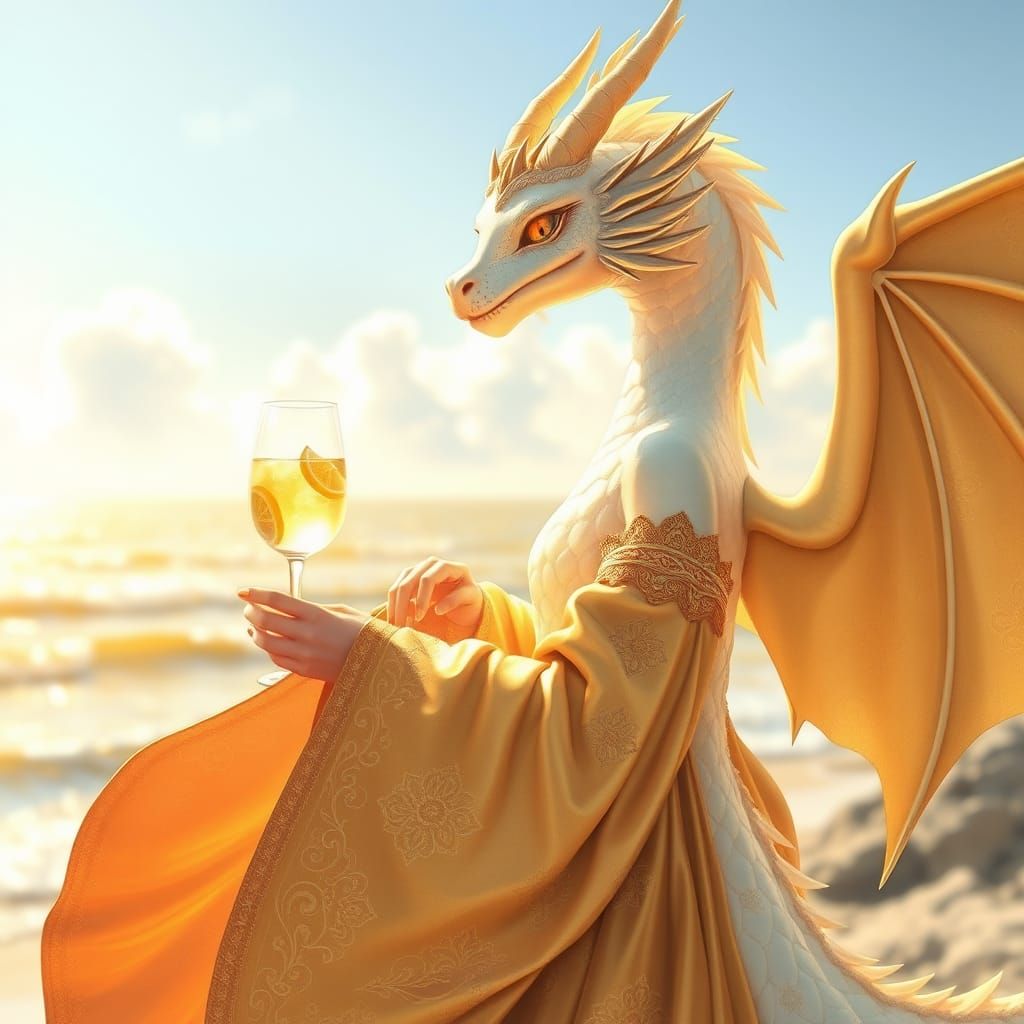 Whimsical Anime Girl Sips Lemonade by the Seaside