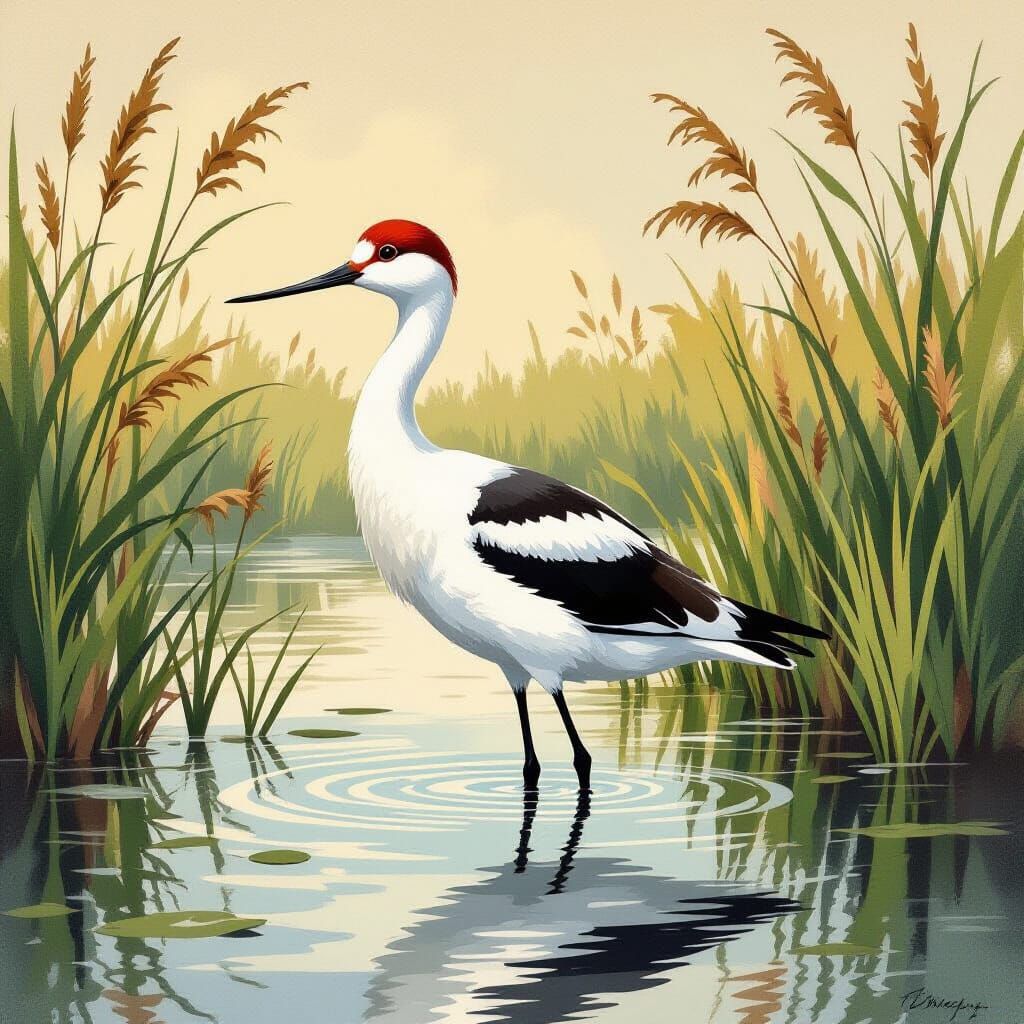 American Avocet in Ornithological Illustration Style