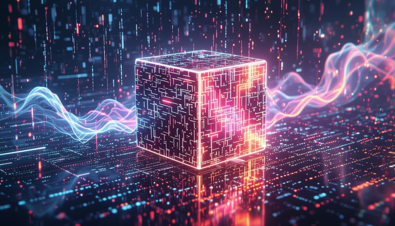 Futuristic Neon Cube in Digital Void